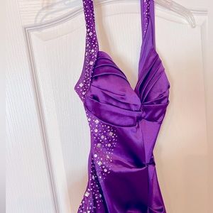 Purple rhinestone cutout prom dress